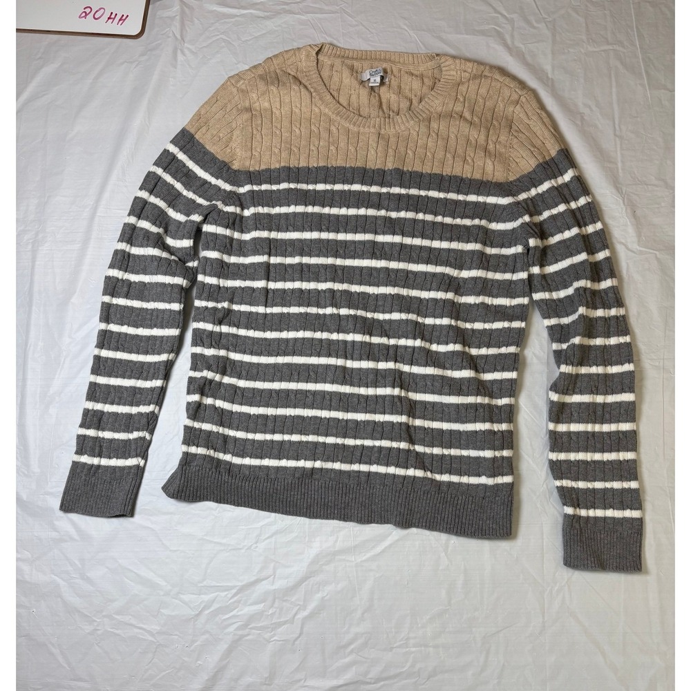 Croft & Barrow Striped Cable Knit Sweater XL Beige Gray Long Sleeve Crewneck